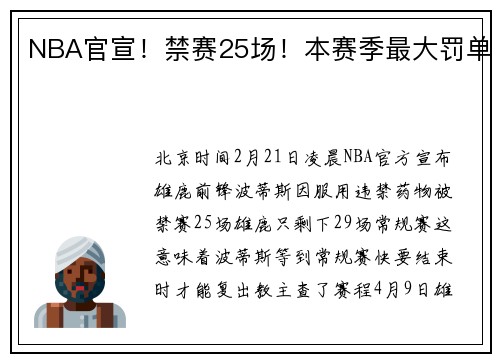 NBA官宣！禁赛25场！本赛季最大罚单