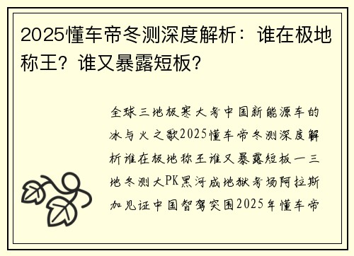 2025懂车帝冬测深度解析：谁在极地称王？谁又暴露短板？
